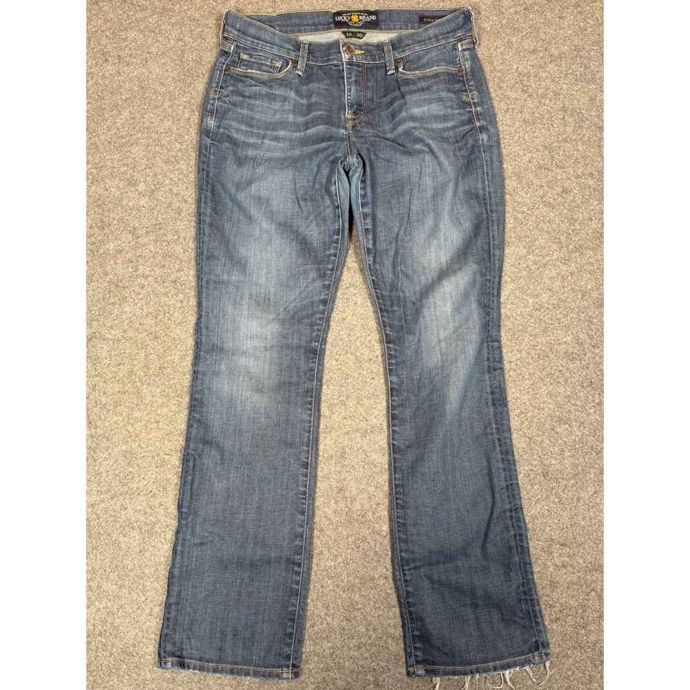 Lucky Brand Sofia Straight Jeans 10/30 Medium Wash Raw Hem Distressed Blue Denim